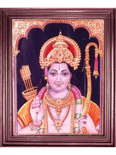 Handcrafted Ramar Tanjore Painting with classic gold finish, depicting Lord Rama in a serene blessing pose with bow and quiver